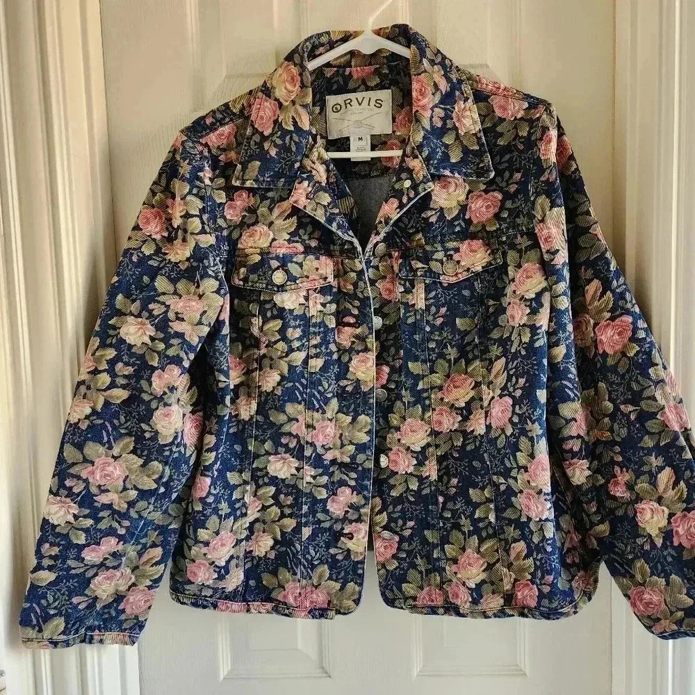 Orvis Floral Jacket‎ Womens Size M Button Front Long Sleeve Collared Coat